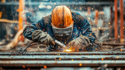 Poster - A welder in protective gear and helmet, adjusting the welding torch with visible welding sparks and metal joints in the background, Construction site scene