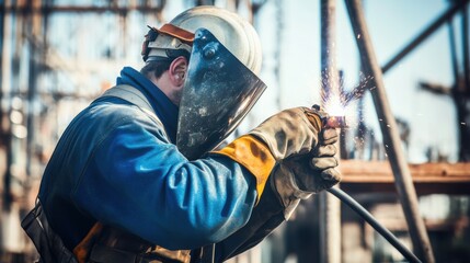 Poster - A welder in protective gear and helmet, adjusting the welding torch with visible welding sparks and metal joints in the background, Construction site scene