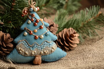 Wall Mural - Handmade blue textile cotton fabric naive retro style Christmas tree ornament decorated with beads on burlap background, copy space background - generative ai