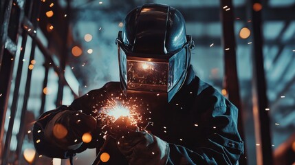 Poster - A welder in protective gear and helmet, holding a welding helmet and standing in front of a steel framework with visible welding sparks, Construction site scene