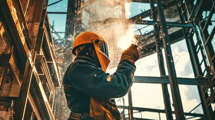 Poster - A welder in protective gear and helmet, holding a welding helmet and standing in front of a steel structure with welding sparks visible, Construction site scene