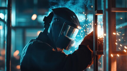 Poster - A welder in protective gear and helmet, holding a welding mask and standing in front of a metal joint with visible sparks and welds, Construction site scene