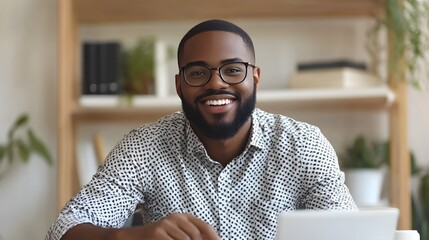 Sticker - A Smiling Black Man Wearing Glasses and a White Shirt with Black Dots