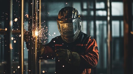 Poster - A welder in protective gear and helmet, holding a welding mask and standing in front of a metal structure with visible welds and sparks, Construction site scene