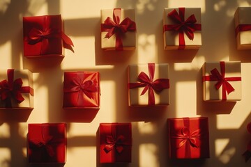 Aufkleber - Silhouettes of diverse gift boxes and bows are arranged artfully on a light background, creating a festive and inviting atmosphere. Generative AI