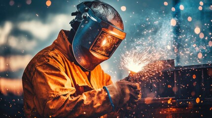 Poster - A welder in protective gear and helmet, holding a welding mask and standing in front of a steel beam with sparks flying, Construction site scene