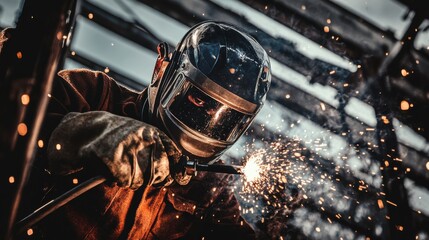 Poster - A welder in protective gear and helmet, holding a welding mask and standing in front of a steel frame with visible welds and bright sparks, Construction site scene