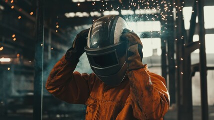 Poster - A welder in protective gear and helmet, holding a welding mask and standing in front of a steel framework with visible welds and sparks, Construction site scene