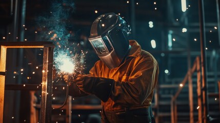 Poster - A welder in protective gear and helmet, holding a welding mask and standing in front of a steel framework with welding sparks flying, Construction site scene