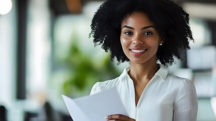 Wall Mural - Smiling Black Woman Holding White Paper in an Office Setting