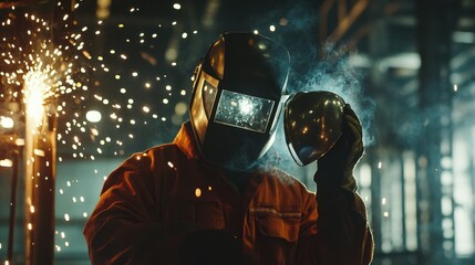 Poster - A welder in protective gear and helmet, holding a welding rod and standing in front of a steel structure with visible welds and sparks, Construction site scene