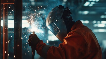 Poster - A welder in protective gear and helmet, holding a welding torch and standing in front of a metal frame with visible sparks and welds, Construction site scene