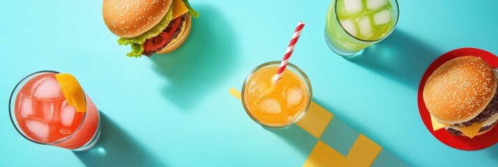 Poster - A lively arrangement of refreshing drinks and appetizing burgers creates a cheerful atmosphere perfect for summer gatherings. Generative AI