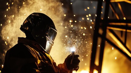 Aufkleber - A welder in protective gear and helmet, holding a welding torch and standing in front of a metal frame with visible welds and sparks, Construction site scene