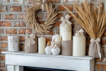 A cozy mantel adorned with decorative candles, wheat stalks, and a wreath against a rustic brick wall, creating a warm, inviting atmosphere.