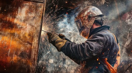 Poster - A welder in protective gear and helmet, holding a welding torch and standing in front of a steel beam with visible welding sparks and bright arcs, Construction site scene