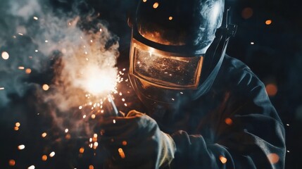 Poster - A welder in protective gear and helmet, holding a welding torch and standing in front of a steel structure with visible welds and bright sparks, Construction site scene