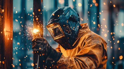Poster - A welder in protective gear and helmet, holding a welding torch with sparks flying and a steel frame in the background, Construction site scene