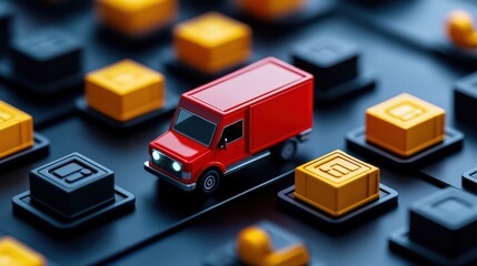 Red delivery truck on a keyboard with yellow and black keys, symbolizing logistics and technology.