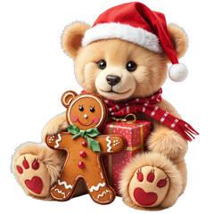 Wall Mural - Adorable teddy bear with Santa hat, holding gingerbread cookie and gift isolated on transparent background