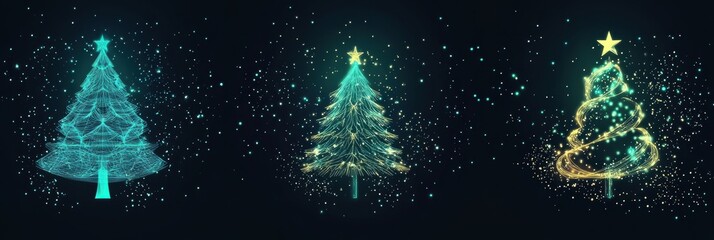 Poster - Delicate, glowing lines create minimalist silhouettes of Christmas trees and ornaments against a dark backdrop, evoking holiday cheer. Generative AI
