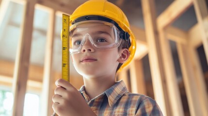 Poster - A young apprentice in a yellow hard hat and safety goggles, holding a measuring tape, with wooden beams and construction tools around