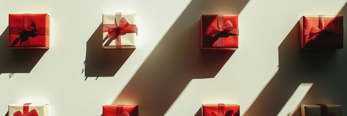 Aufkleber - Silhouettes of various gift boxes and bows are arranged on a light background, creating a cheerful and festive vibe for special occasions. Generative AI