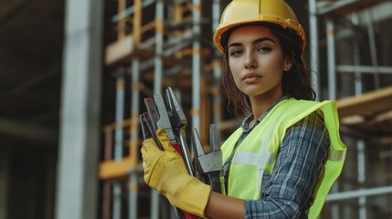 Aufkleber - A young female construction worker in a yellow reflective vest and hard hat, looking confidently at the camera while holding a set of construction tools