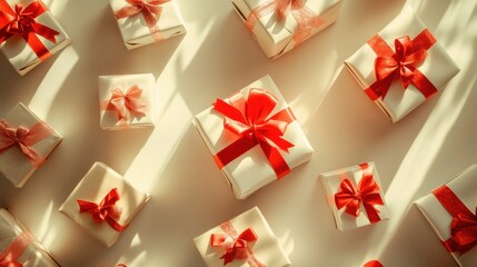 Aufkleber - Gift boxes tied with red bows are artistically arranged on a light background, showcasing a cheerful and celebratory vibe. Generative AI
