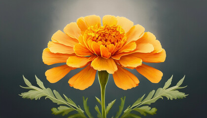 Vibrant close-up of a blooming orange and yellow marigold flower, showcasing layered petals with green leaves and buds. Captures the beauty of floral detail and warm tones