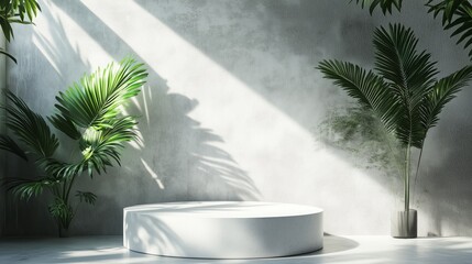 Poster - 3D render of an abstract background with a white stone podium platform and a shadow on a concrete wall, along with palm leaves in sunlight.