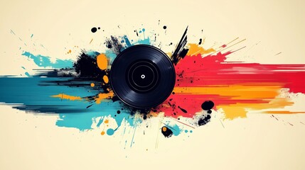 Poster - Design an abstract background with splashes of color and elements representing music, such as vinyl records or musical notes