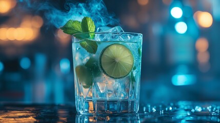 A glass of mojito with lime and mint leaves, blue lights in the background