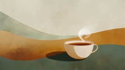 Poster - A tea cup sits quietly, steam curling upwards, set against an elegant background of warm, flowing colors that evoke tranquility. Generative AI
