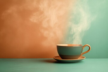 Poster - A steaming cup of tea rests on a saucer, releasing soft curls of steam in a calm morning setting filled with warm tones. Generative AI