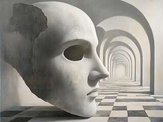 Surreal Mask and Hallway: A Journey of Identity and Illusion