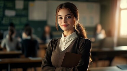 Portrait of a young female teacher in a classroom