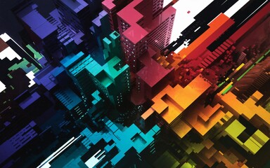 Wall Mural - abstract image of a cityscape with fragmented, geometric shapes in a dynamic, layered arrangement.