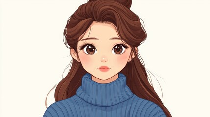 Wall Mural - A stylish avatar featuring a woman with brown hair in a blue sweater, set against a simple, clean backdrop.