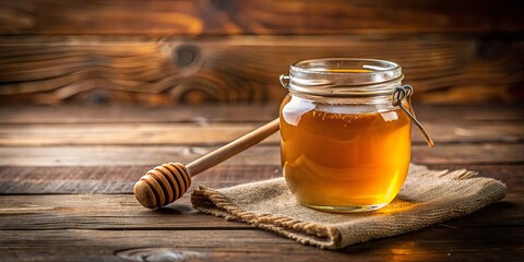 A rustic wooden table with a jar of golden honey, a wooden dipper, and a burlap napkin