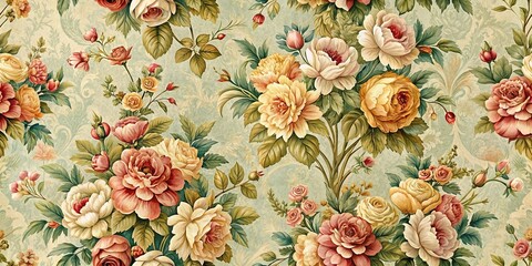 Wall Mural - A Tapestry of Delicate Blooms in Soft Pastel Hues, Embellished with Intricate Foliage and a Gentle Background