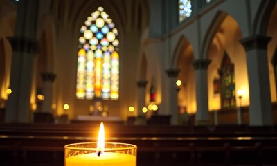 Canvas Print - A single candle flame glows in the dark interior of a church, with a stained glass window in the background.