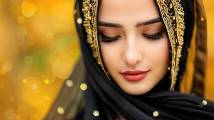 A young woman in vibrant traditional attire gazes thoughtfully outdoors, embodying beauty and culture of the Middle East.