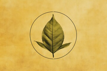 Poster - The artwork features a single tea leaf centered on a soft yellow backdrop, showcasing the natural beauty and detail of the leaf. Generative AI