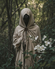 Photo of a cloaked figure standing amidst trees and white flowers in a forest