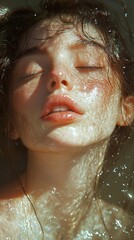 Wall Mural - Water Portrait: A Woman's Face Bathed in Sunlight