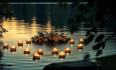 Wall Mural - Floating candles and flowers on a lake at dusk.