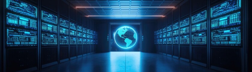 Poster - A futuristic data center with blue lighting, showcasing screens and a glowing globe, symbolizing technology and connectivity.