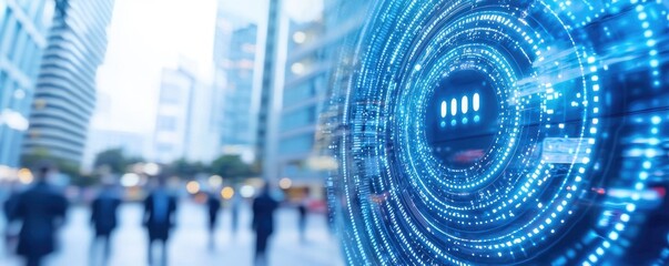 Poster - A futuristic cityscape with a glowing digital interface, featuring blurred pedestrians and modern architecture, symbolizing advanced technology and urban life.