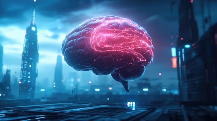 Poster - A futuristic brain floats above a neon-lit cityscape, showcasing a blend of technology and intelligence amidst a sci-fi atmosphere.